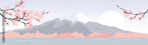 Abstract landscape with mount fuji / Vector illustration, narrow background, blooming sakura, japanese landscape