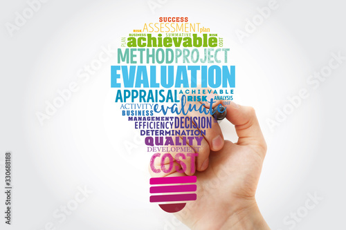 Evaluation light bulb word cloud collage, business concept background