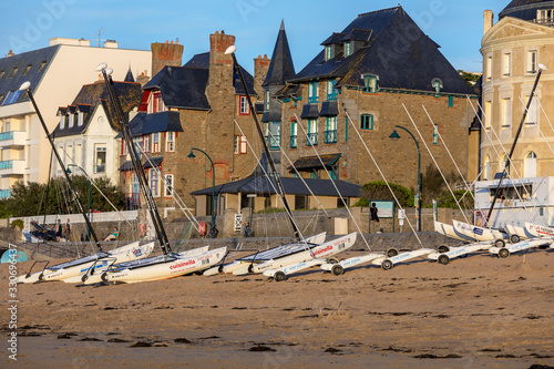  Catamarans and sand yachts on the beach in Saint Malo. Brittany, France