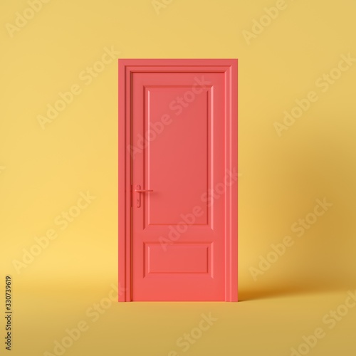 3d render, closed red classic door isolated on bright yellow background. Minimal room interior concept. Modern design, abstract metaphor