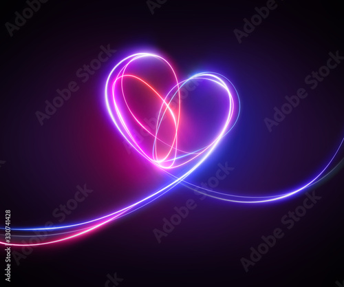 violet pink neon light drawing. Abstract heart doodle isolated on black background. Glowing single line art. Modern minimal concept. Festive illustration for Valentine day. Copy space
