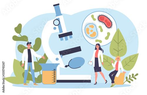 Biology science concept. People with microscope make laboratory
