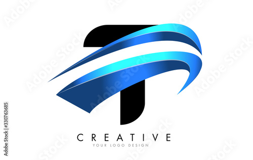 T Letter logo with blue gradient swash design.