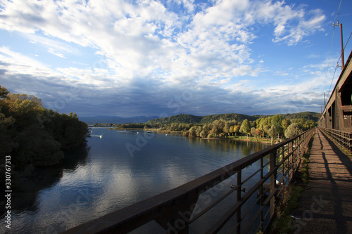 Sesto Calende (VA), Italy - September 15, 2016: The Ticino river view from the riverside, Lombardy, Piedmont, Italy.