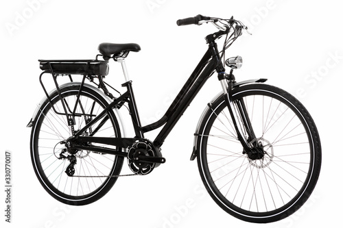 diagonal view of an electric urban bicycle on an isolated white background.