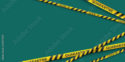 Warning coronavirus quarantine banner with yellow and black stripes. Virus Covid-19. Blue background with copy space. Quarantine biohazard sign. Vector.