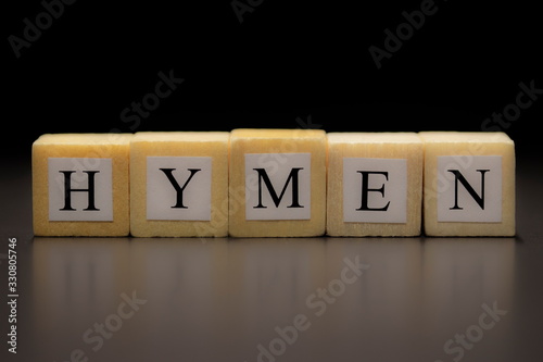 The word HYMEN written on wooden cubes, isolated on a black background...