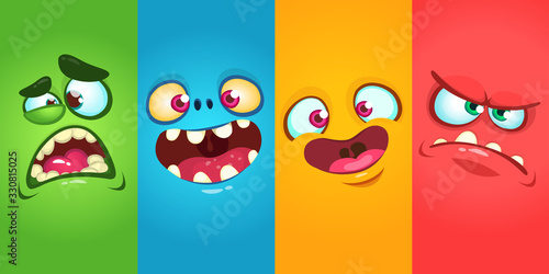 Cartoon monster faces set. Vector collection of four Halloween monster avatars with different face expressions. Halloween design
