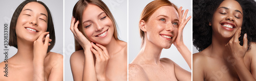 Happy diverse models touching clean skin