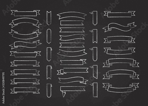 Chalk stroke blank label ribbon vector set illustration. White chalk style curved ribbons, scroll flags or curled labels with blank space for message, isolated on blackboard for special price promo