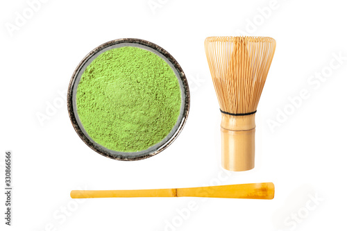macha green tea powder in bowl isolated on white background .top view 
