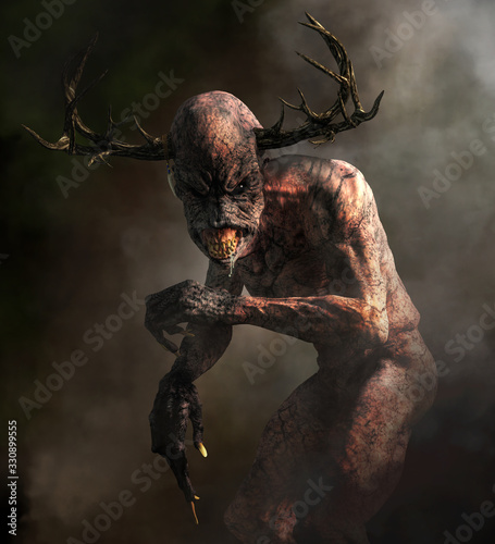 A horrifying monster with pale skin, long claws, sharp teeth, and an elongated head with antlers emerges from the night mists. Meet the Wendigo.