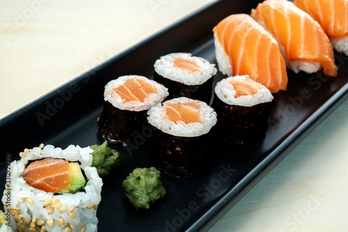 sushi dish on wooden table