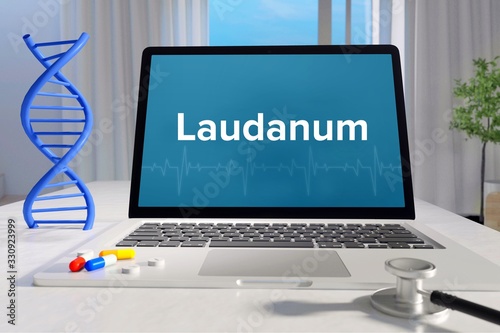 Laudanum – Medizin, Gesundheit. Computer im Büro mit Begriff auf dem Bildschirm. Arzt, Krankheit, Gesundheitswesen