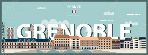 Grenoble cityscape colorful poster. Vector illustration