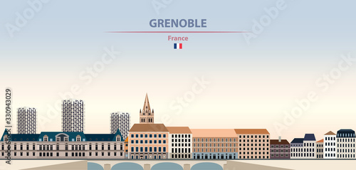 Vector illustration of Grenoble city skyline on colorful gradient beautiful daytime background