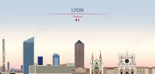 Vector illustration of Lyon city skyline on colorful gradient beautiful daytime background