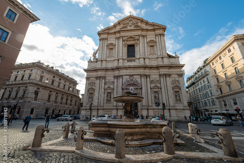 View at St. Andrea della Valle, Catholic church in Rome, Italy. Rome - The baroque portal of church Basilica di Sant Andrea della Valle at afternoon.