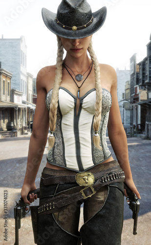 Blonde cowgirl walking the streets of a western town armed with two revolvers. 3d rendering
