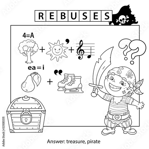 Rebus or logic puzzle game for Children. Coloring Page Outline Of Cartoon Pirate with Treasure chest. Coloring book for kids.