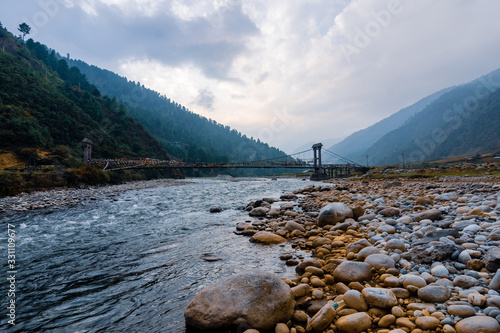 Dirang river valley with surrounding mountains in Arunachal, India