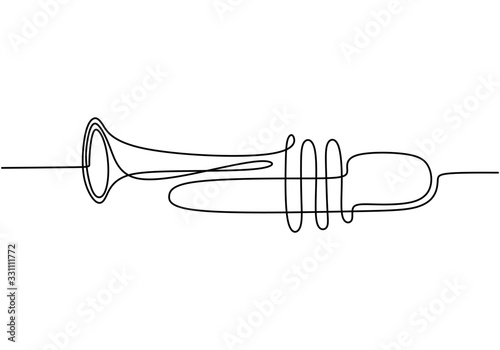 Trumpet one line drawing. Continuous single hand drawn minimalism, vector illustration classical jazz music instrument.