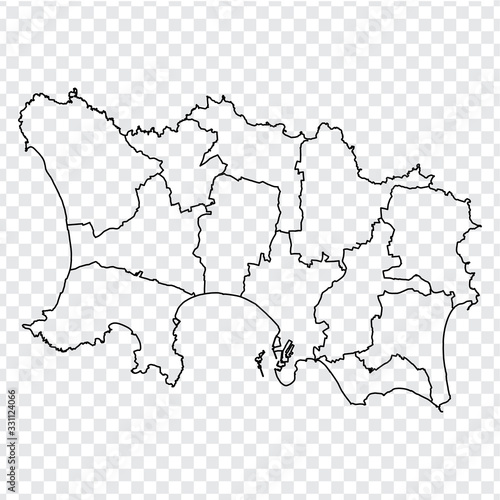 Blank map of Jersey. High quality map of Jersey with provinces on transparent background for your web site design, logo, app, UI. Europe. UK. EPS10.