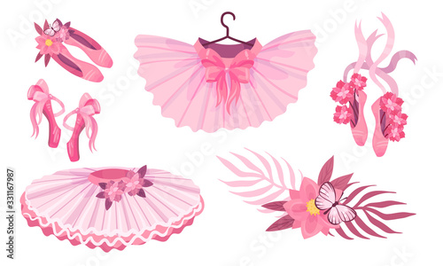 Pink Accessories for Ballet with Ballet Skirt and Ballet Shoes Vector Set