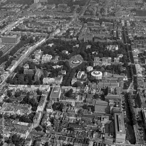 The Hague, Holland, August 29 - 1977: Historical aerial photo in black and white of Plein 1813 and Panorama Mesdag