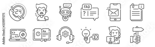 set of 12 support icons. outline thin line icons such as direction, solution, user, mail, chatbot, complain