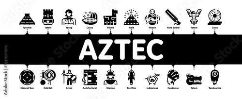 Aztec Civilization Minimal Infographic Web Banner Vector. Aztec Antique Pyramid And Gold, Bird And Animal, Cozcacuauhtli And Mystic Totem Illustrations