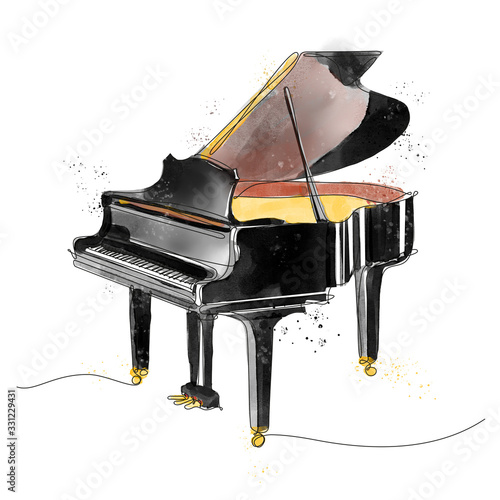 pianoforte disegnato in una singola linea continua e colorato in stile acquarello