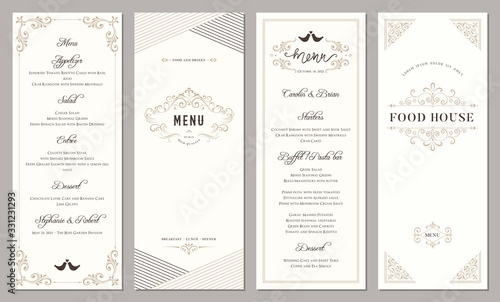 Wedding and restaurant menu. Vertical classic templates. 