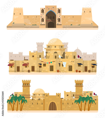 Set of traditional Islamic architecture. Caravanserai, ancient village, castle. Mud brick buildings. Flat vector illustration isolated on white.
