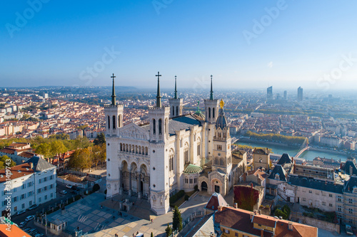 Lyon, Aerial view of Notre Dame de Fourviere Basilica