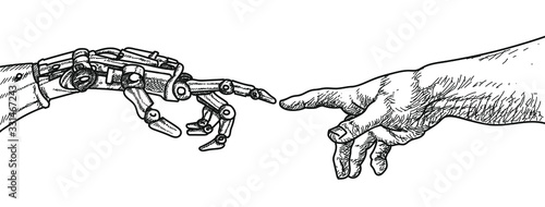 Creation of Adam, Michelangelos Theme in context of AI and Robotics, humans and robots connected, vector graphic, Vintage Art