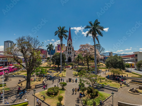 Beautiful aerial view of the main Church in San Jose Costa Rica, La Merced and the Cathedral