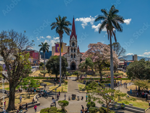 Beautiful aerial view of the main Church in San Jose Costa Rica, La Merced and the Cathedral