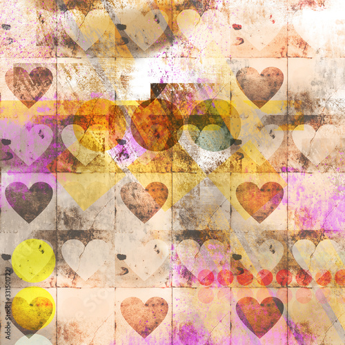 Abstract composition with heart shapes objects on grunge textured background with colorful 