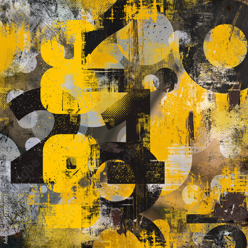 Decorative yellow and black abstract collage with typo and geometrical elements