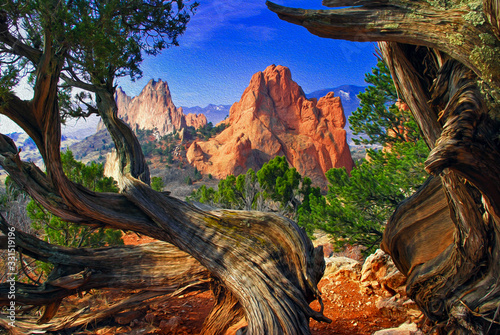 Garden of the Gods framed by twisted Juniper trees