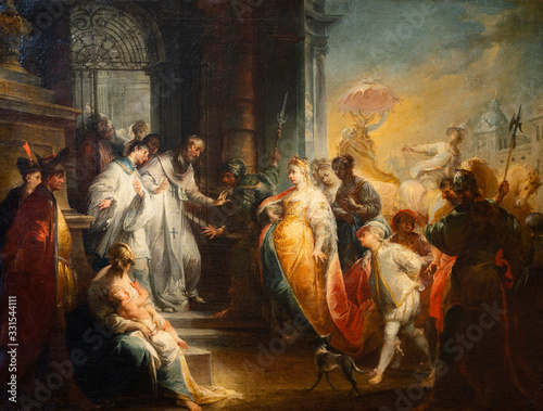 Vienna, Austria. 2019/11/7. The Rejection of Empress Eudoxia by Saint John Chrysostom. c. 1750. Oil on Canvas. By Johann Wolfgang Baumgartner (1702–1761). Belvedere Museum, Vienna, Austria.