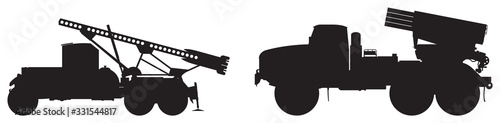 Army multiple rocket launcher Katyusha (WW2 times) and Grad (combat used in Sino-Soviet, Afghan, Angola, Ossetia, Donbass, Libya, Syria and other armed conflicts), MLR weapon system vector silhouettes