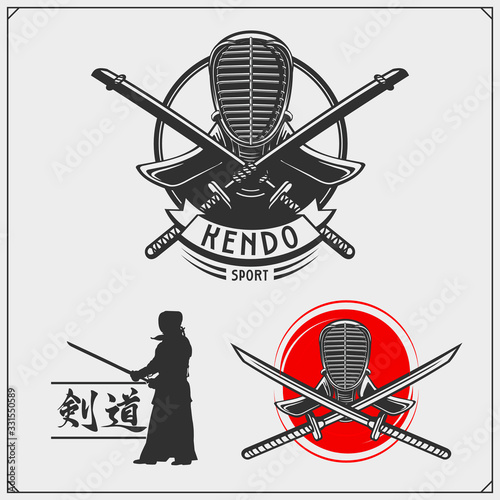 Kendo set. Kendo fighters in traditional clothes silhouette. Sport club emblems. Print design for t-shirt.