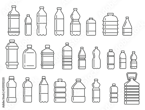 Plastic bottles for water outline icons set. Vector Plastic bottles for water outline collection isolated on white background for web and advertising