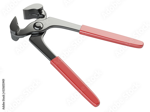 Opened hand pincers with red rubberized handles.