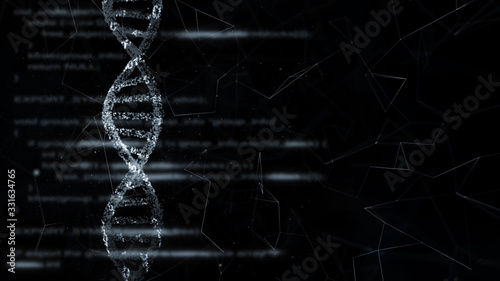 Blurry technology word on computer screen with dna structure. Copy space illustration background. 