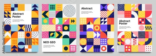 Colorful neo geometric poster. Grid with color geometrical shapes. Modern abstract promotional flyer background vector illustration set. Geometric template poster, brochure neo pattern