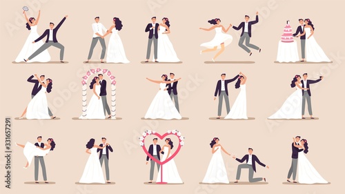 Wedding couples. Bride in wedding dress, just married couple and marriage ceremony cartoon vector illustration set. Bride and groom, couple marriage ceremony