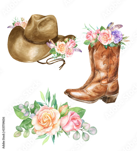 Watercolor illustration of cowboy boots hat with floral decoration